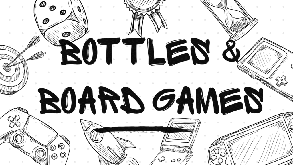 Black-and-white graphic illustration featuring gaming items in a playful, scattered pattern.