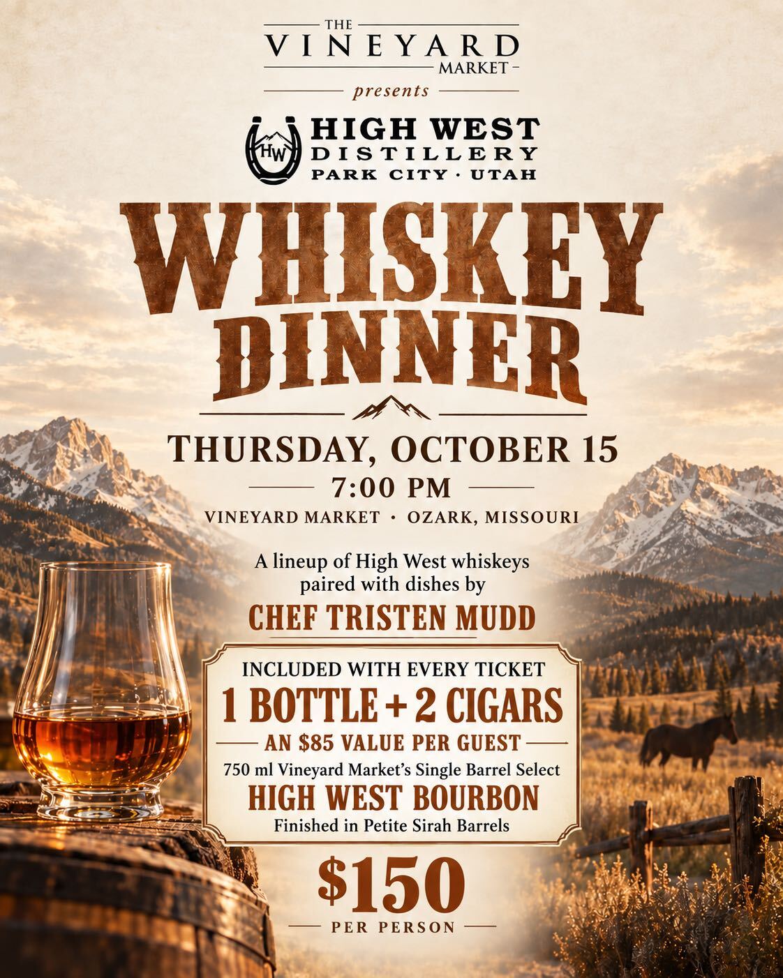 Old West-inspired graphic for the High West Whiskey & Rocky Patel Cigar Pairing Dinner at The Vineyard Market, featuring whiskey, cigars, and a western travel theme.